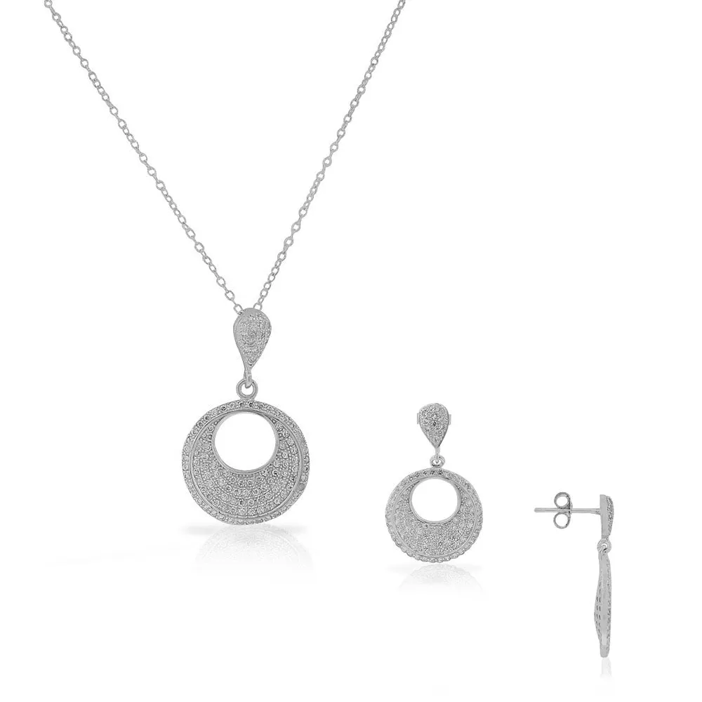 925 Sterling Silver White Clear CZ Round Chandelier Dangle Earrings Pendant Necklace Set