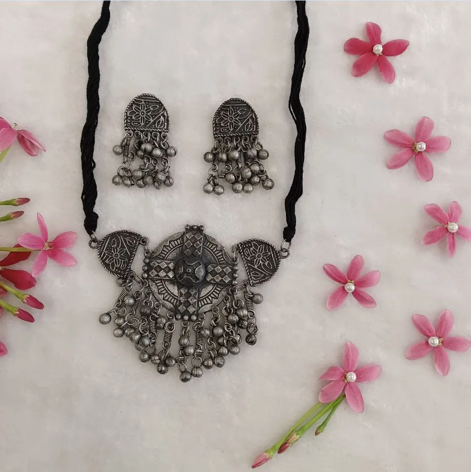 Antique Oxidised Silver Plated Choker Necklace Set- OXDNK 1746