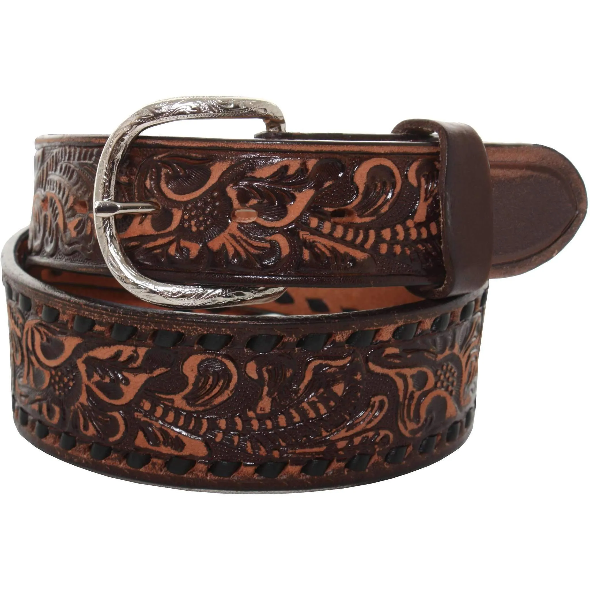 B086S - FAST SHIP Brown Vintage Floral Tooled Belt w/Initials