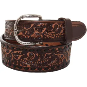B086S - FAST SHIP Brown Vintage Floral Tooled Belt w/Initials