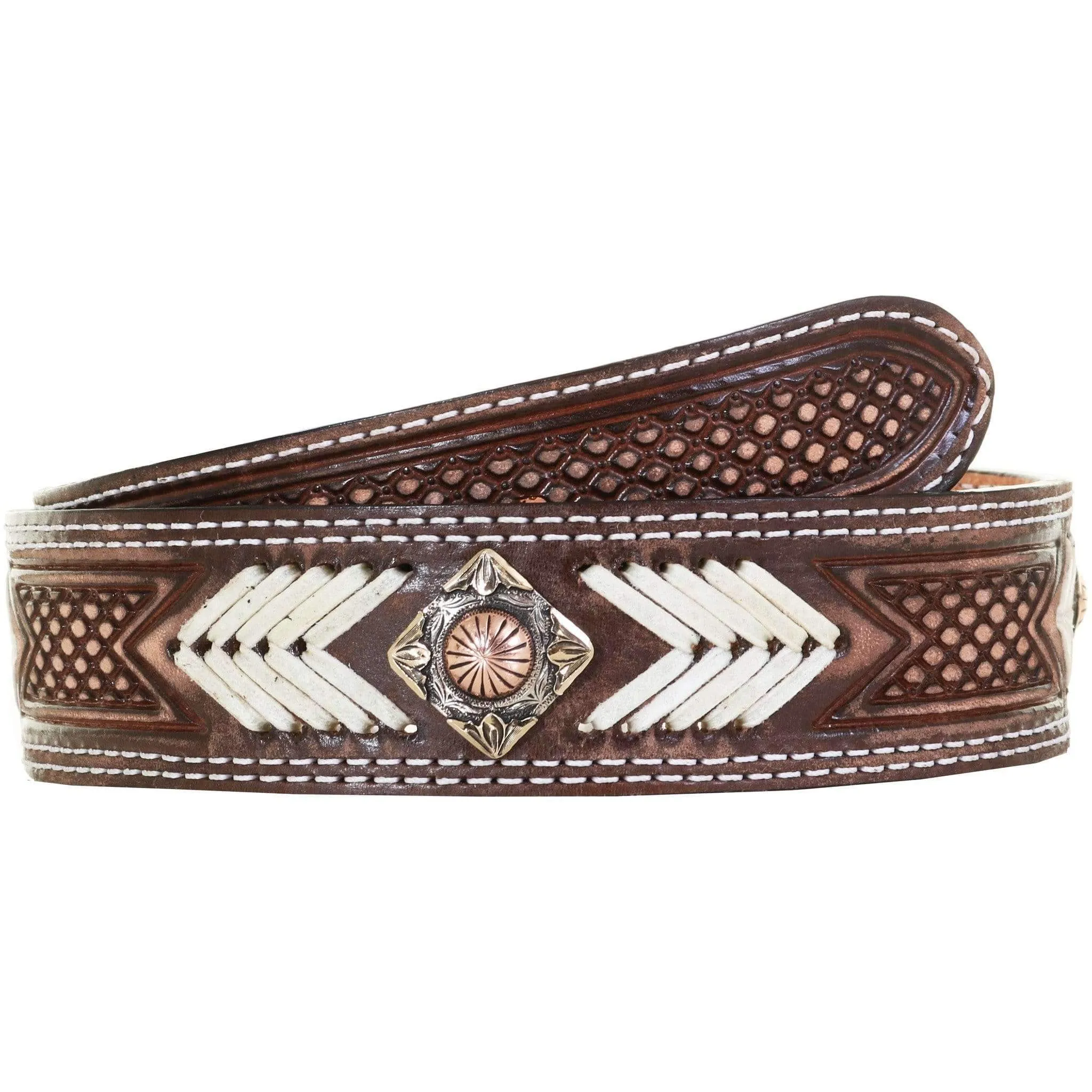B1041A - Brown Vintage Tooled Rawhide Belt