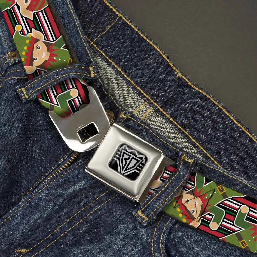 BD Wings Logo CLOSE-UP Full Color Black Silver Seatbelt Belt - Christmas Elves/Stripes Black/Red/White/Green Webbing