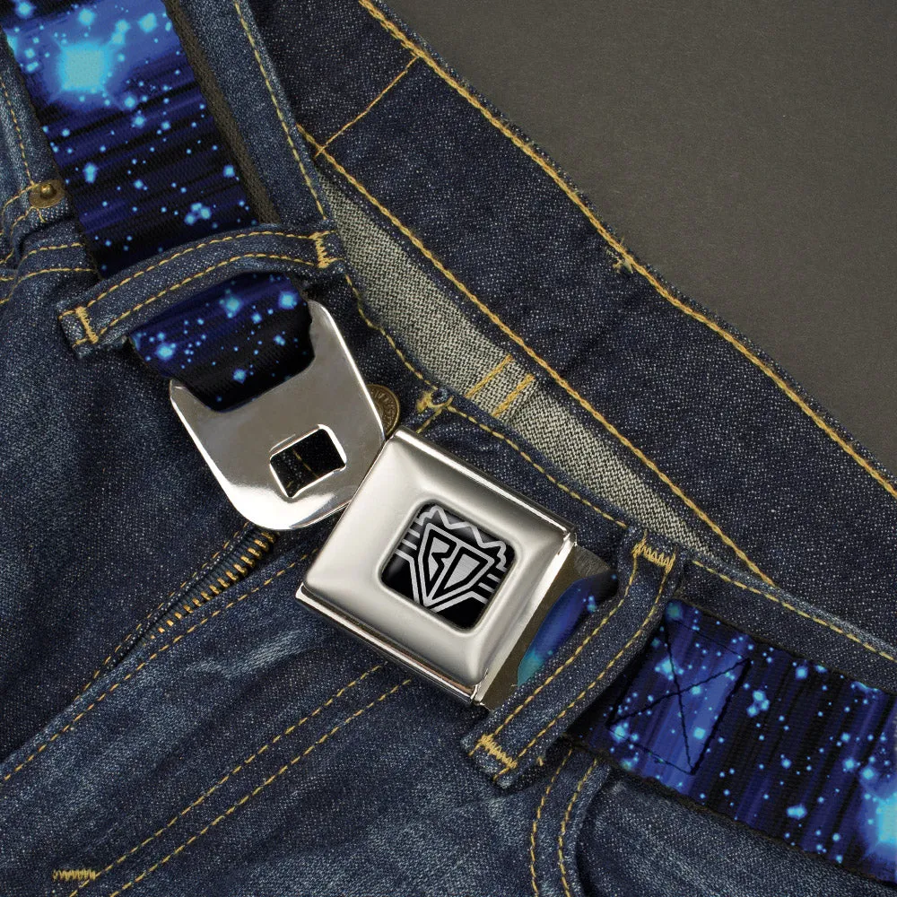 BD Wings Logo CLOSE-UP Full Color Black Silver Seatbelt Belt - Galaxy Sparkle Black/Blue-Purple Fade Webbing