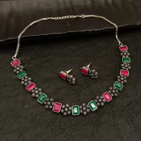 Bhavi Jewel Oxidised Plated Crystal Stone Necklace Set