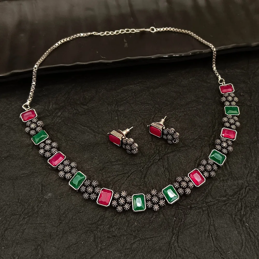 Bhavi Jewel Oxidised Plated Crystal Stone Necklace Set