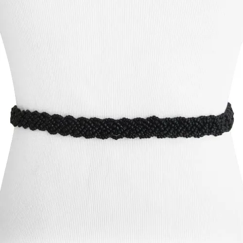 Black Braid Beaded Tassel Belt with Natural Wood Buckle