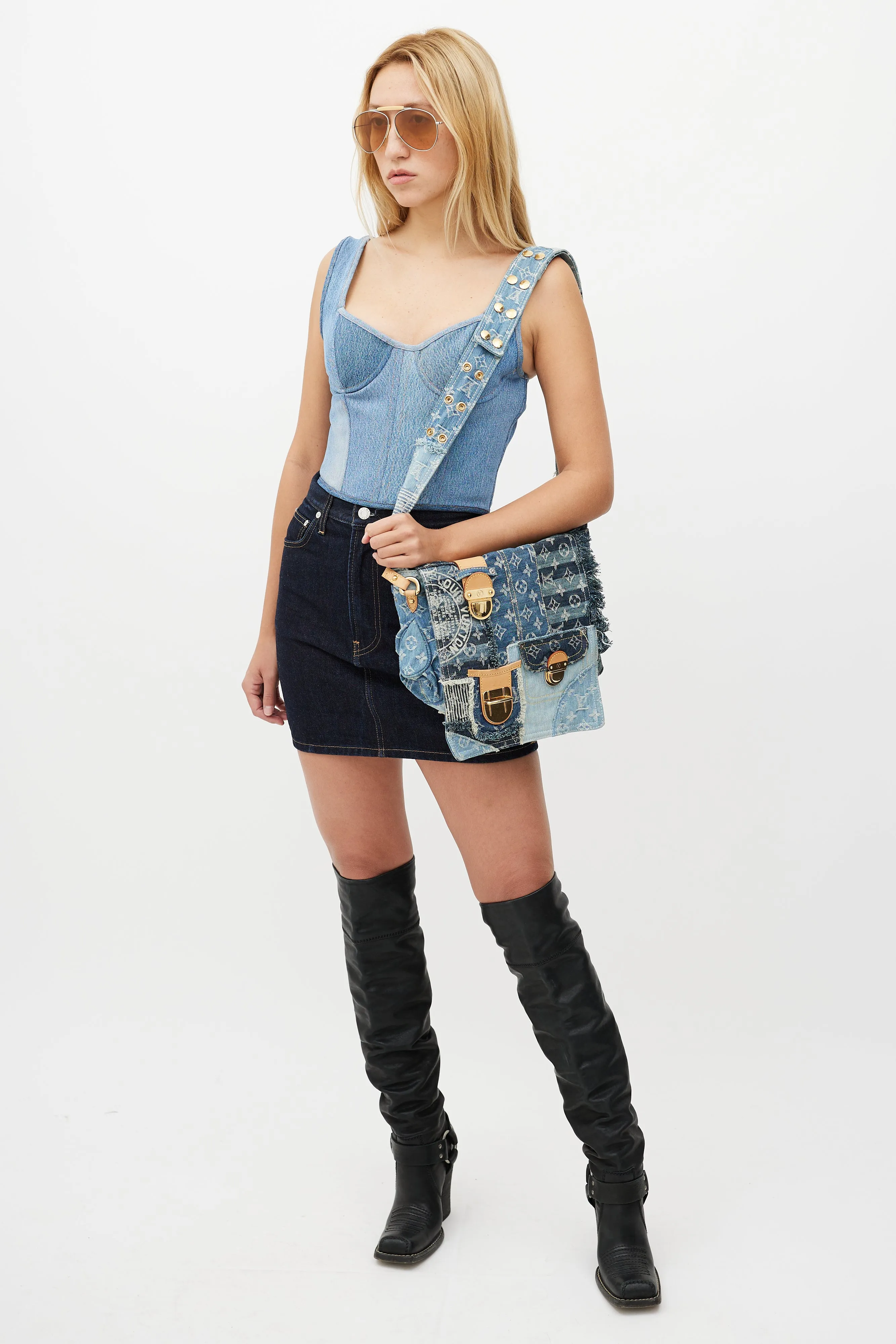 Blue Patchwork Posty Monogram Messenger Bag