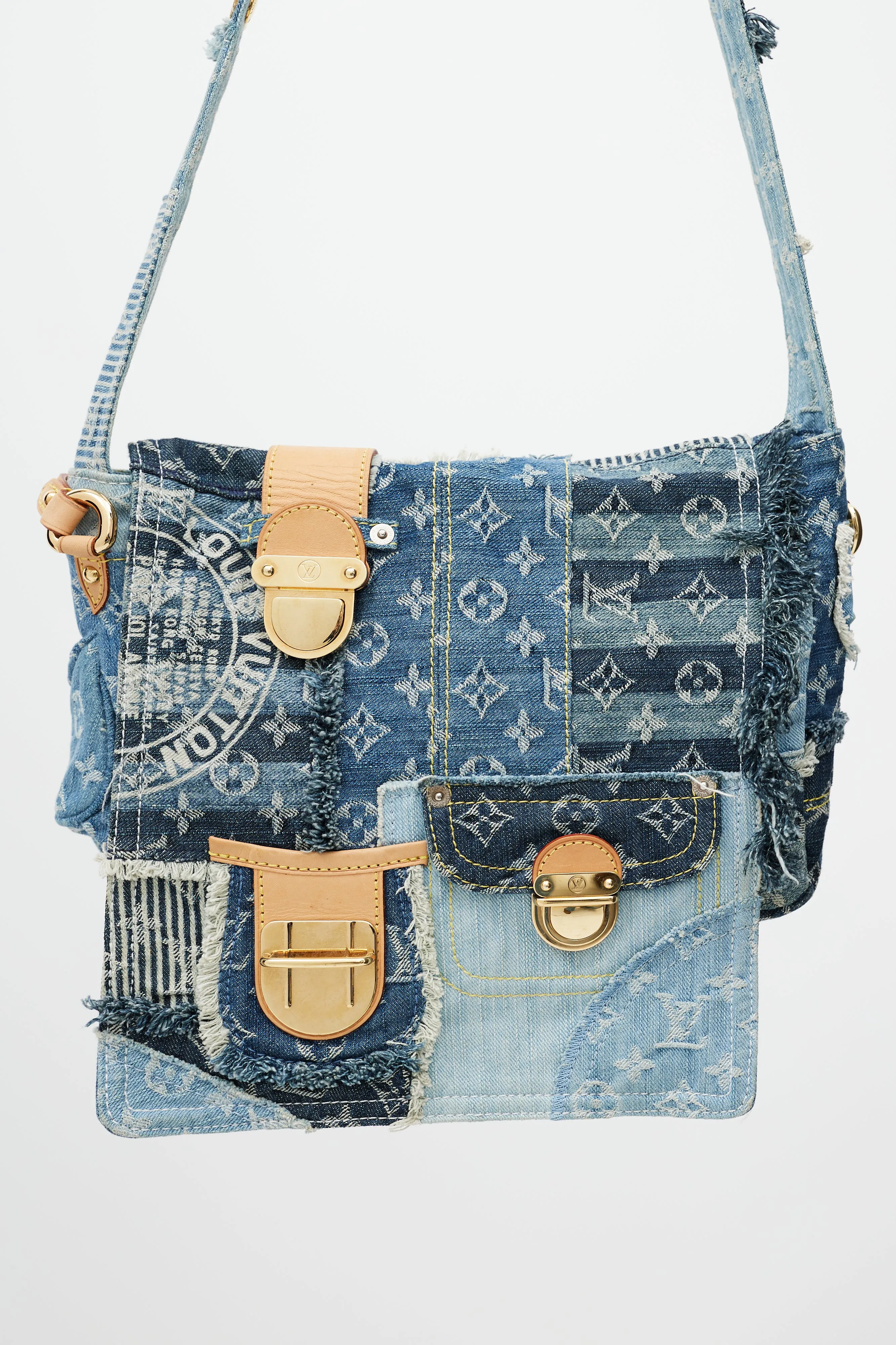 Blue Patchwork Posty Monogram Messenger Bag