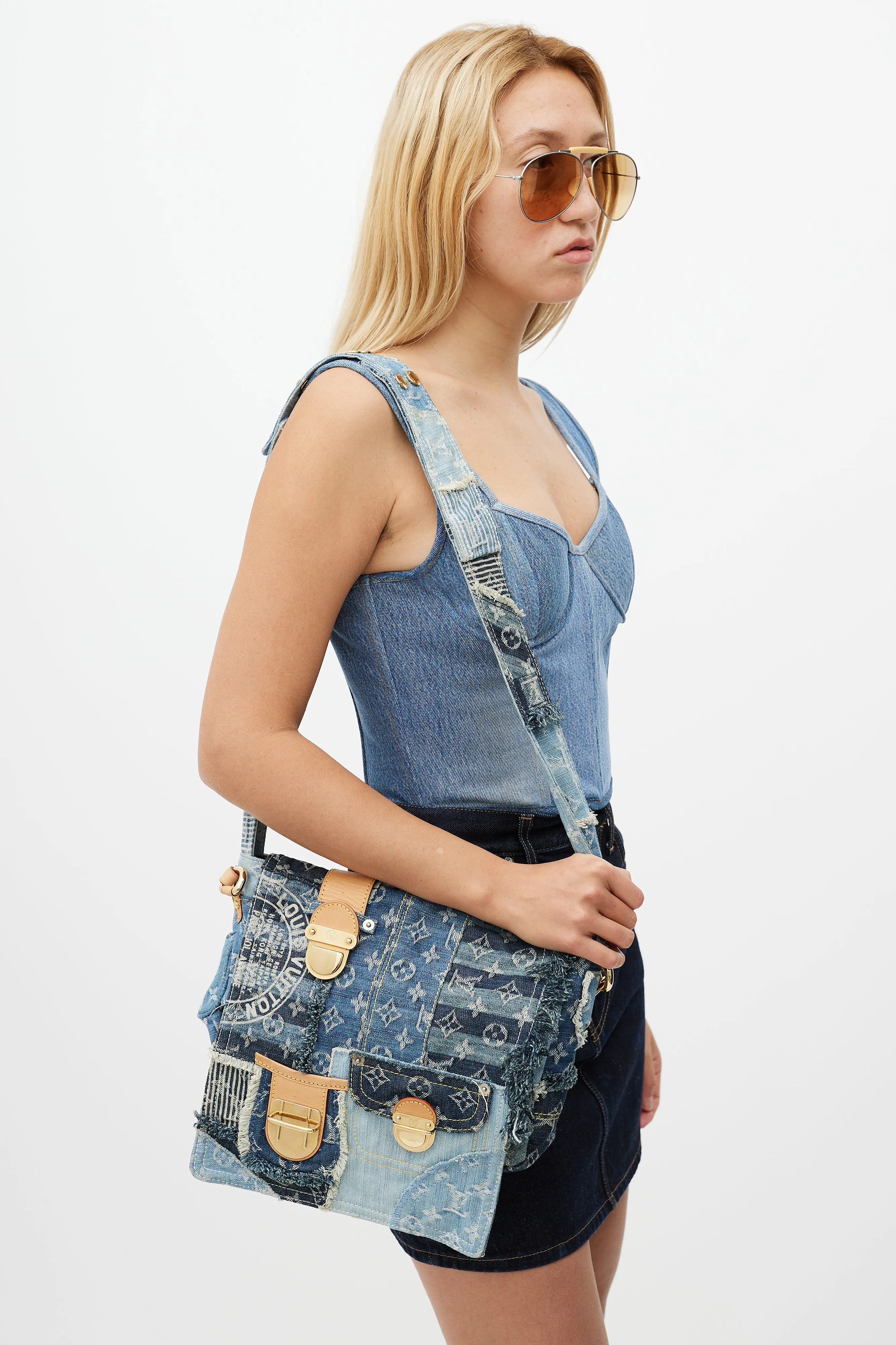 Blue Patchwork Posty Monogram Messenger Bag