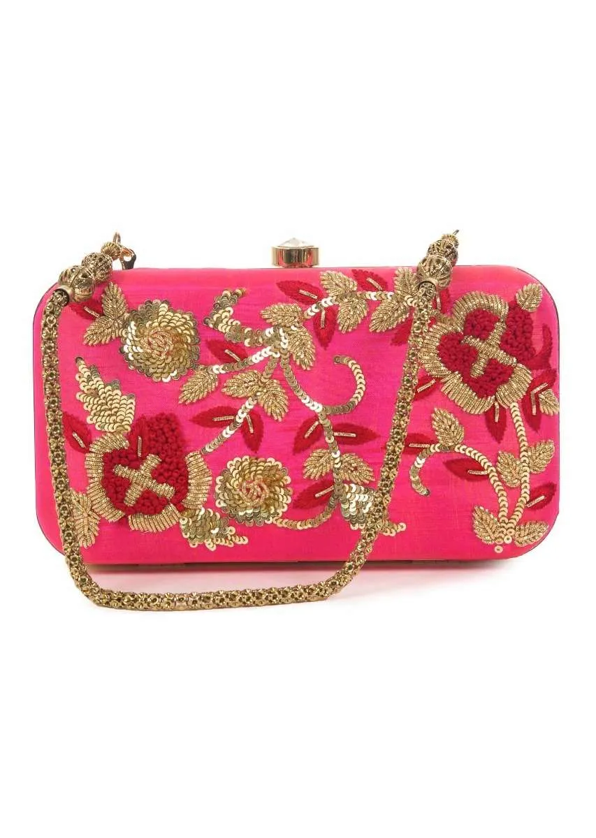 Candy pink Pearl and Zardosi Work Box Clutch