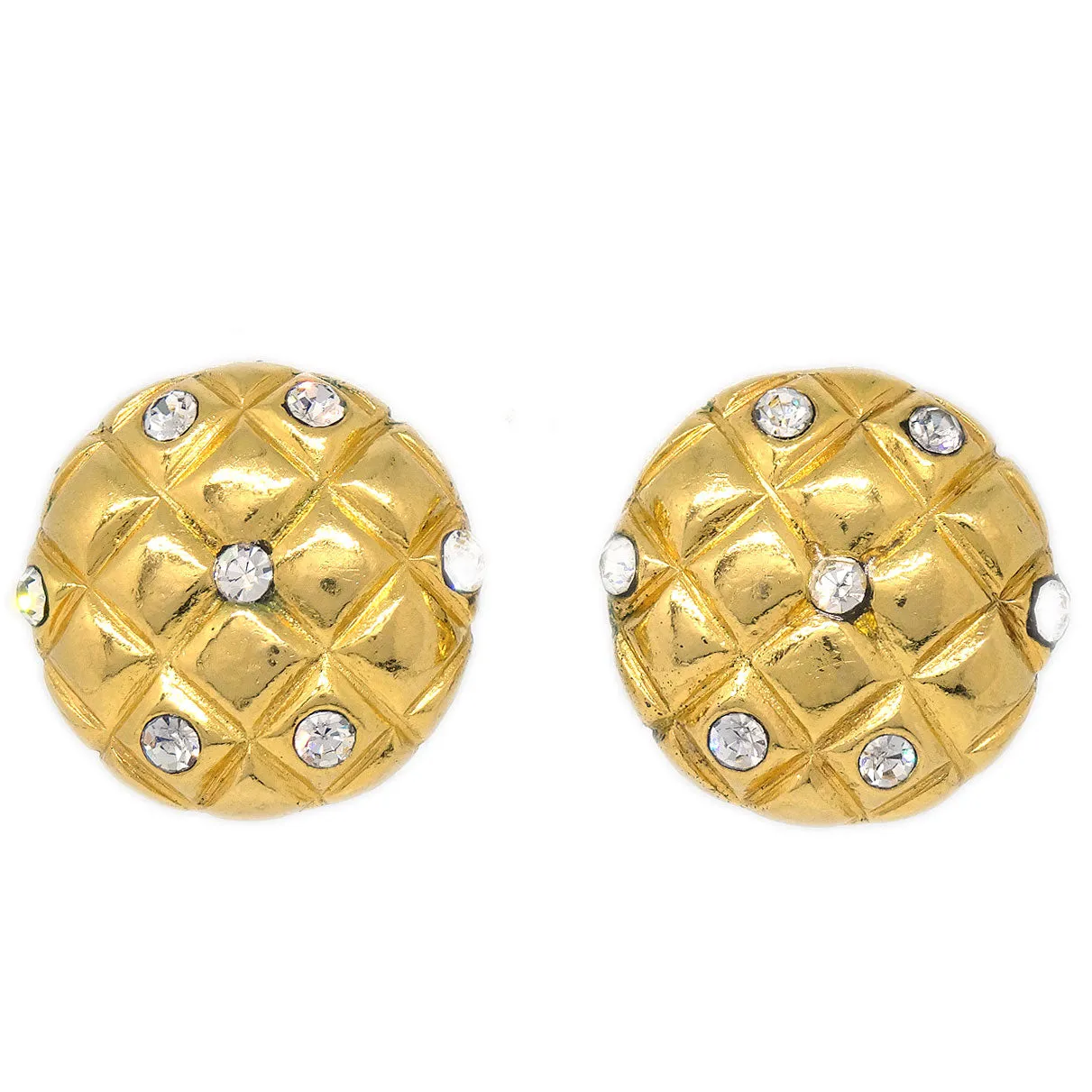 CHANEL 1980s Crystal & Gold Quilted Earrings Clip-On