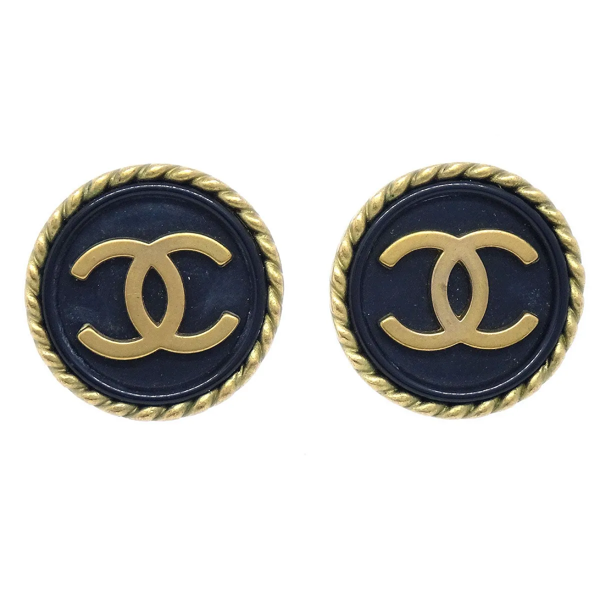 CHANEL 1994 Black & Gold CC Rope Edge Earrings 20638