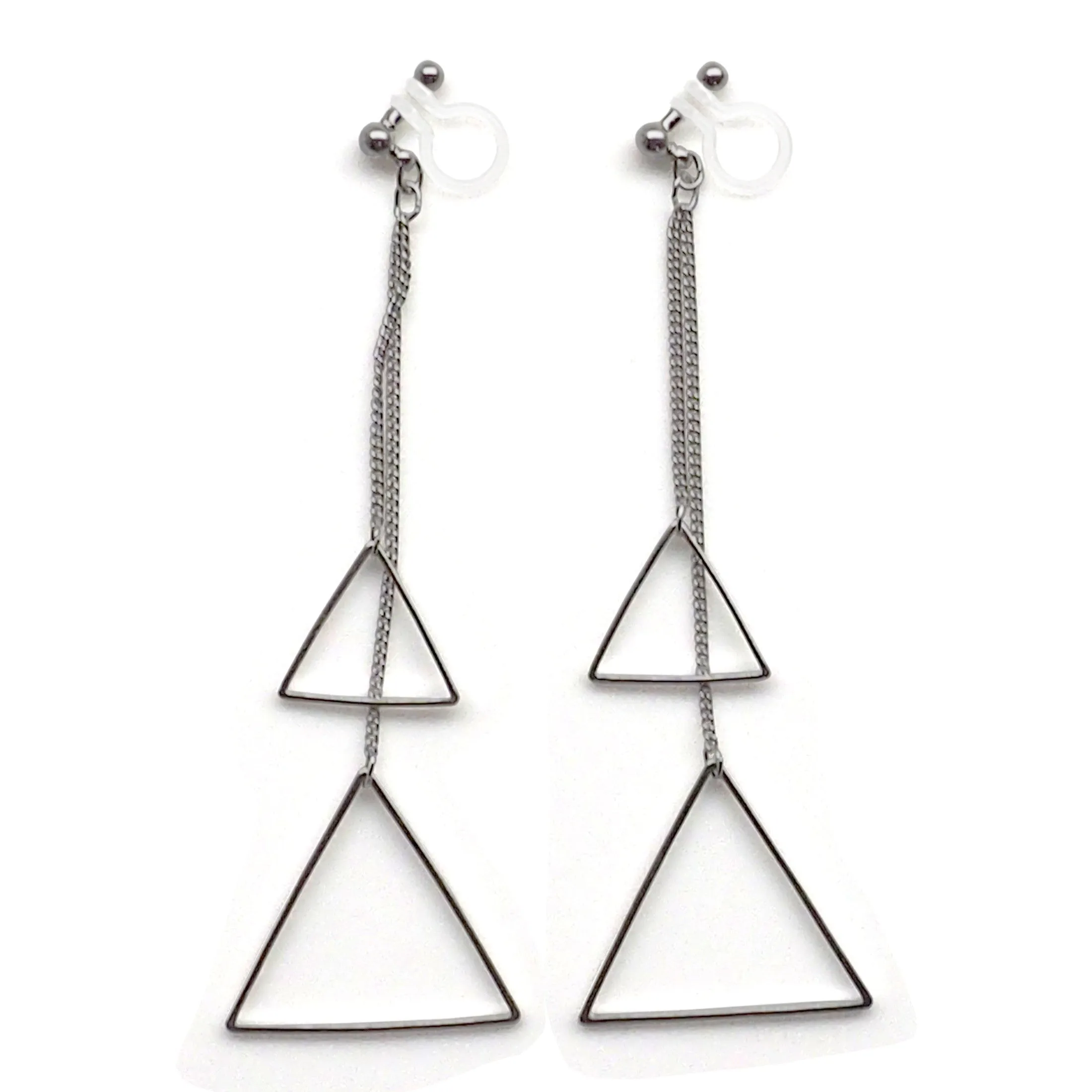 Dangle silver double triangle invisible clip on earrings