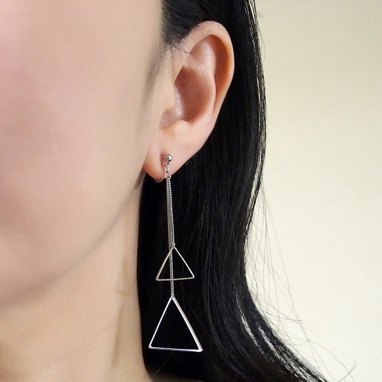 Dangle silver double triangle invisible clip on earrings
