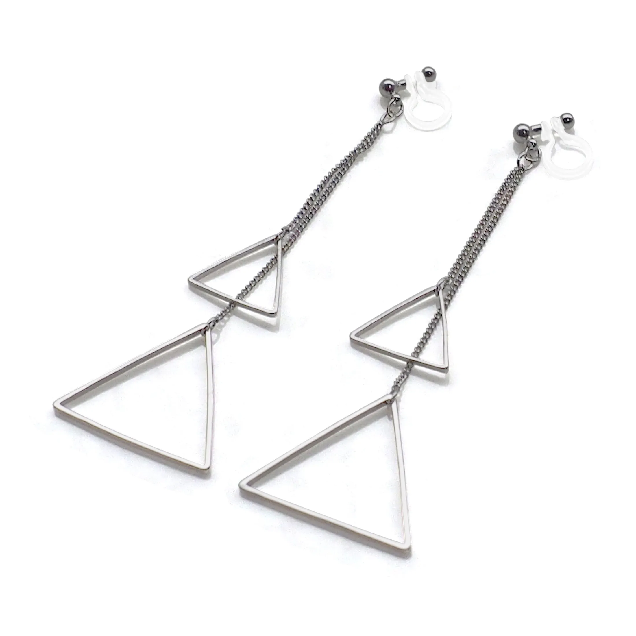 Dangle silver double triangle invisible clip on earrings