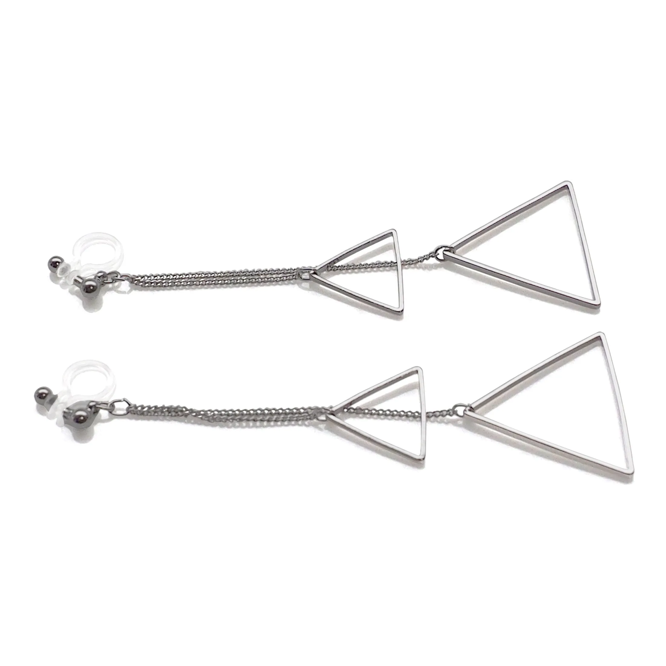 Dangle silver double triangle invisible clip on earrings