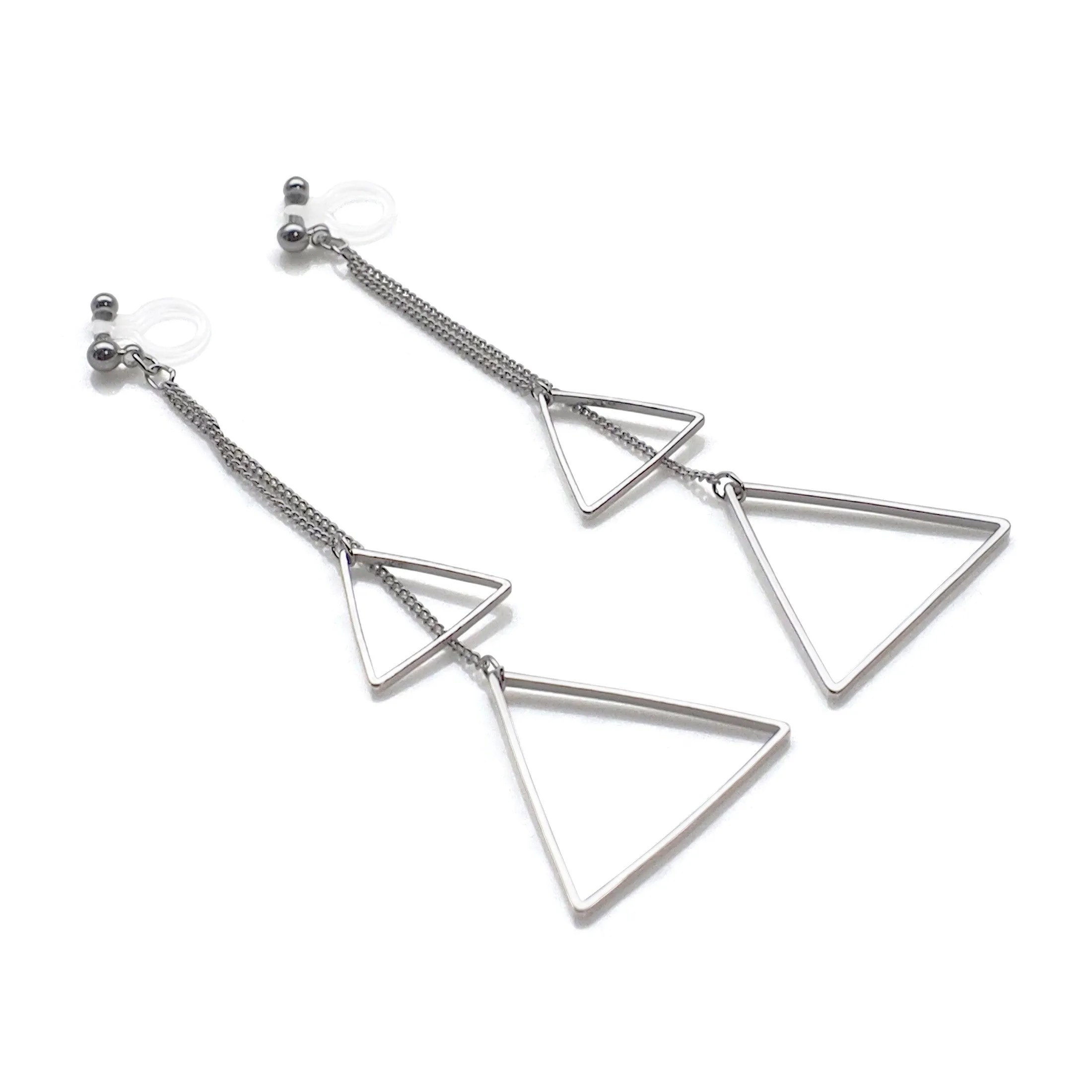 Dangle silver double triangle invisible clip on earrings