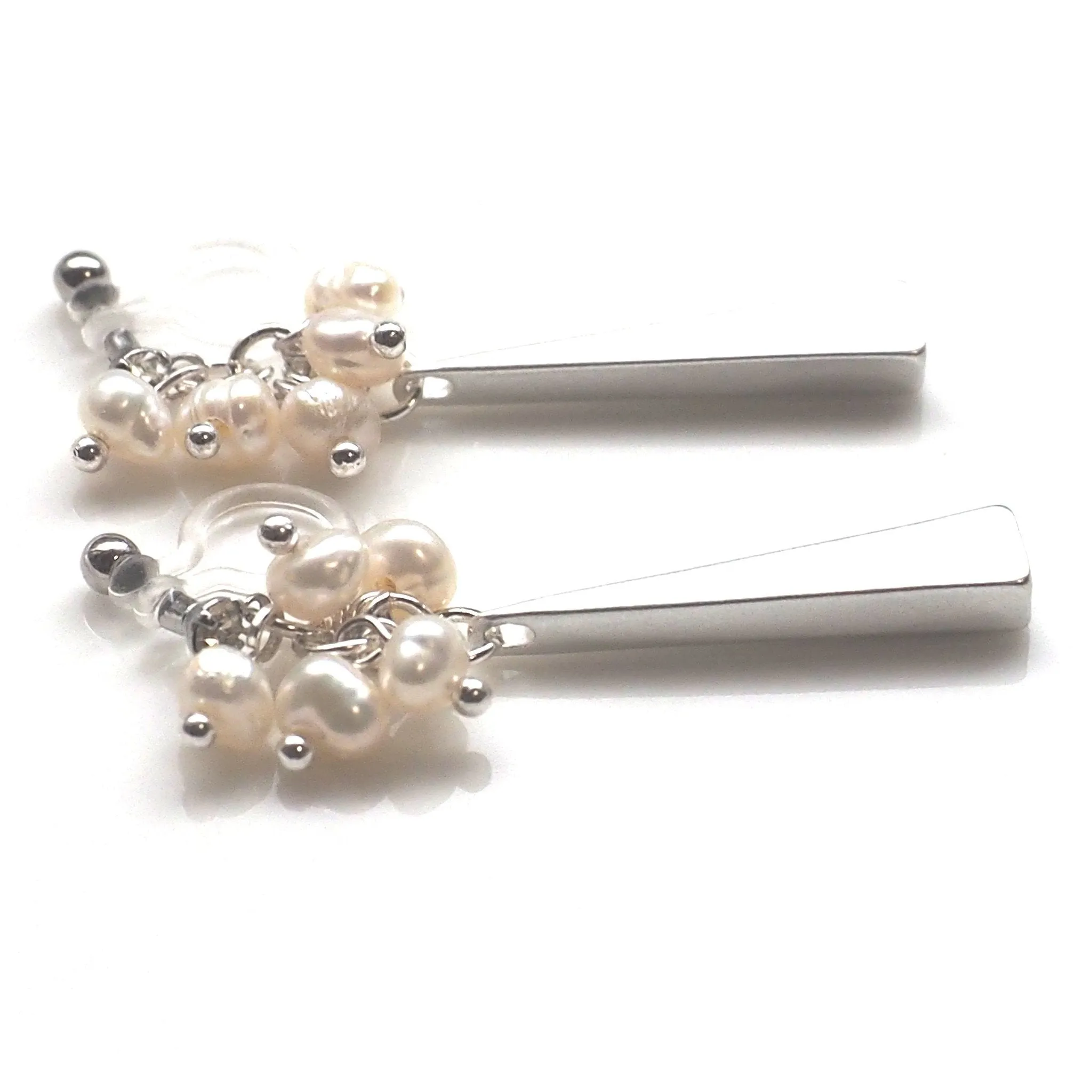 Freshwater and silver triangle bar invisible clip on earrings