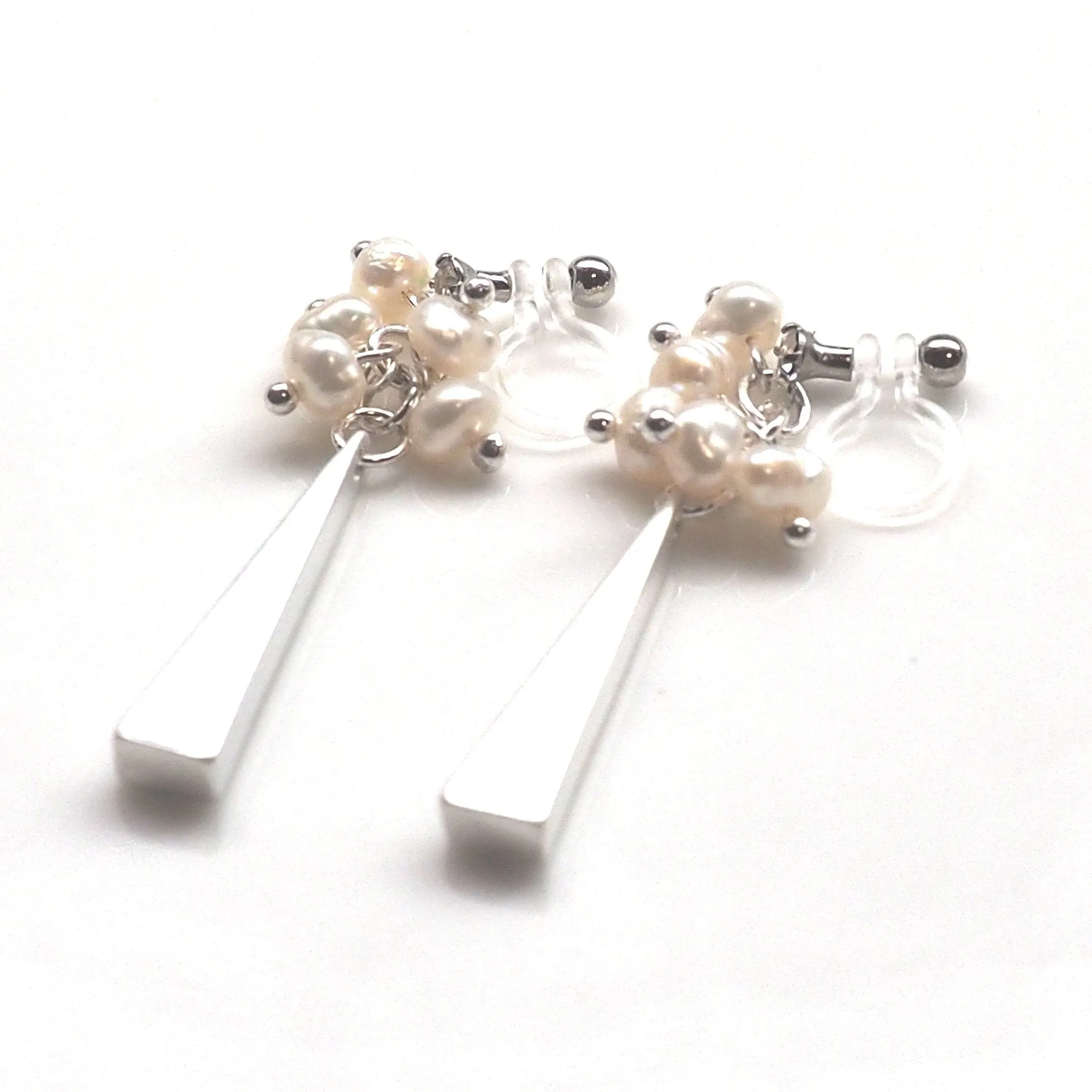 Freshwater and silver triangle bar invisible clip on earrings