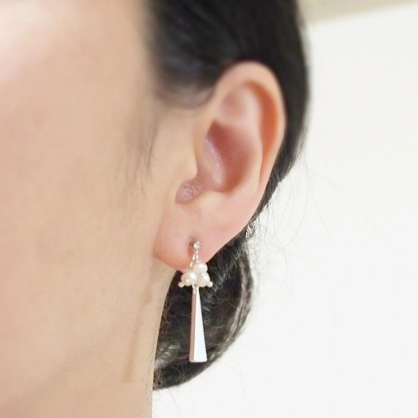 Freshwater and silver triangle bar invisible clip on earrings