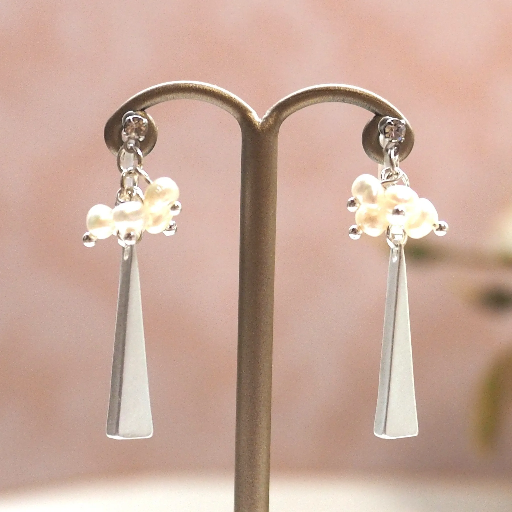 Freshwater and silver triangle bar invisible clip on earrings
