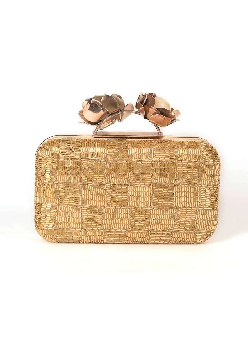 Gold Clutch Embellished With Cut Dana In Checks Pattern Online - Kalki Fashion