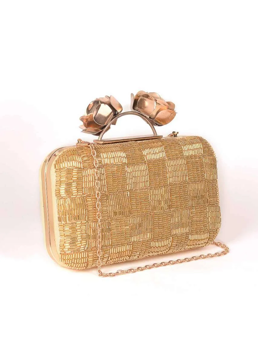 Gold Clutch Embellished With Cut Dana In Checks Pattern Online - Kalki Fashion