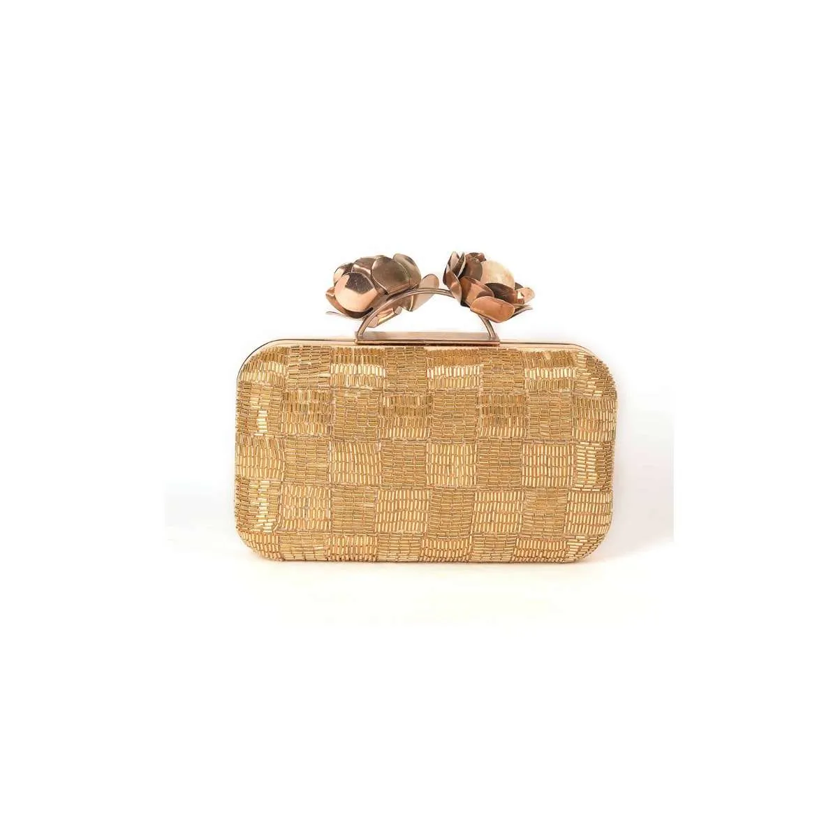 Gold Clutch Embellished With Cut Dana In Checks Pattern Online - Kalki Fashion