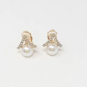 Gold Pearl Crystal Clip on Earrings