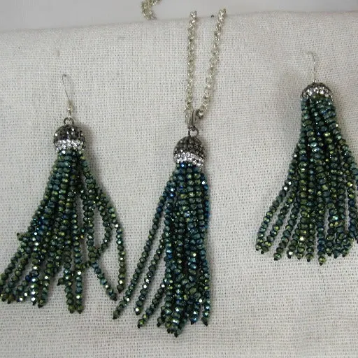 Green Crystal Tassel Pendant Necklace  & Earrings