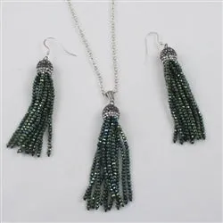 Green Crystal Tassel Pendant Necklace  & Earrings