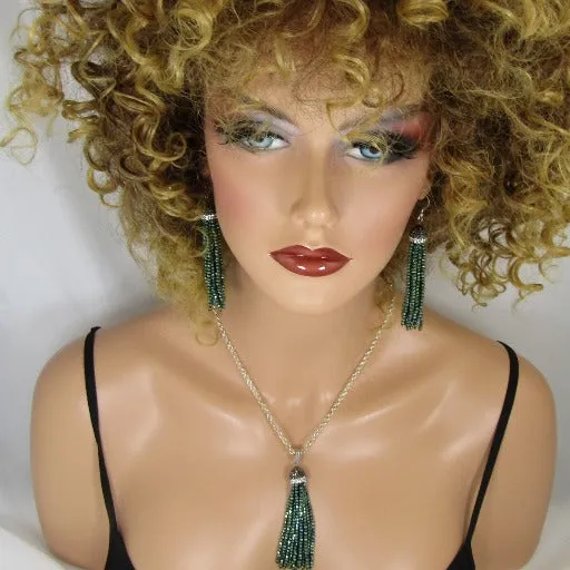 Green Crystal Tassel Pendant Necklace  & Earrings