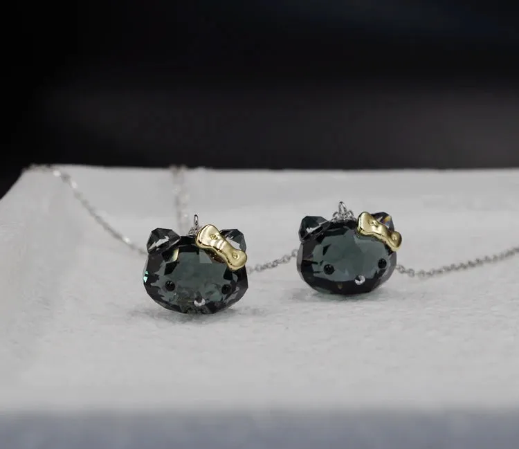 Kawaii Hello Kitty Black Crystal Necklace & Earrings