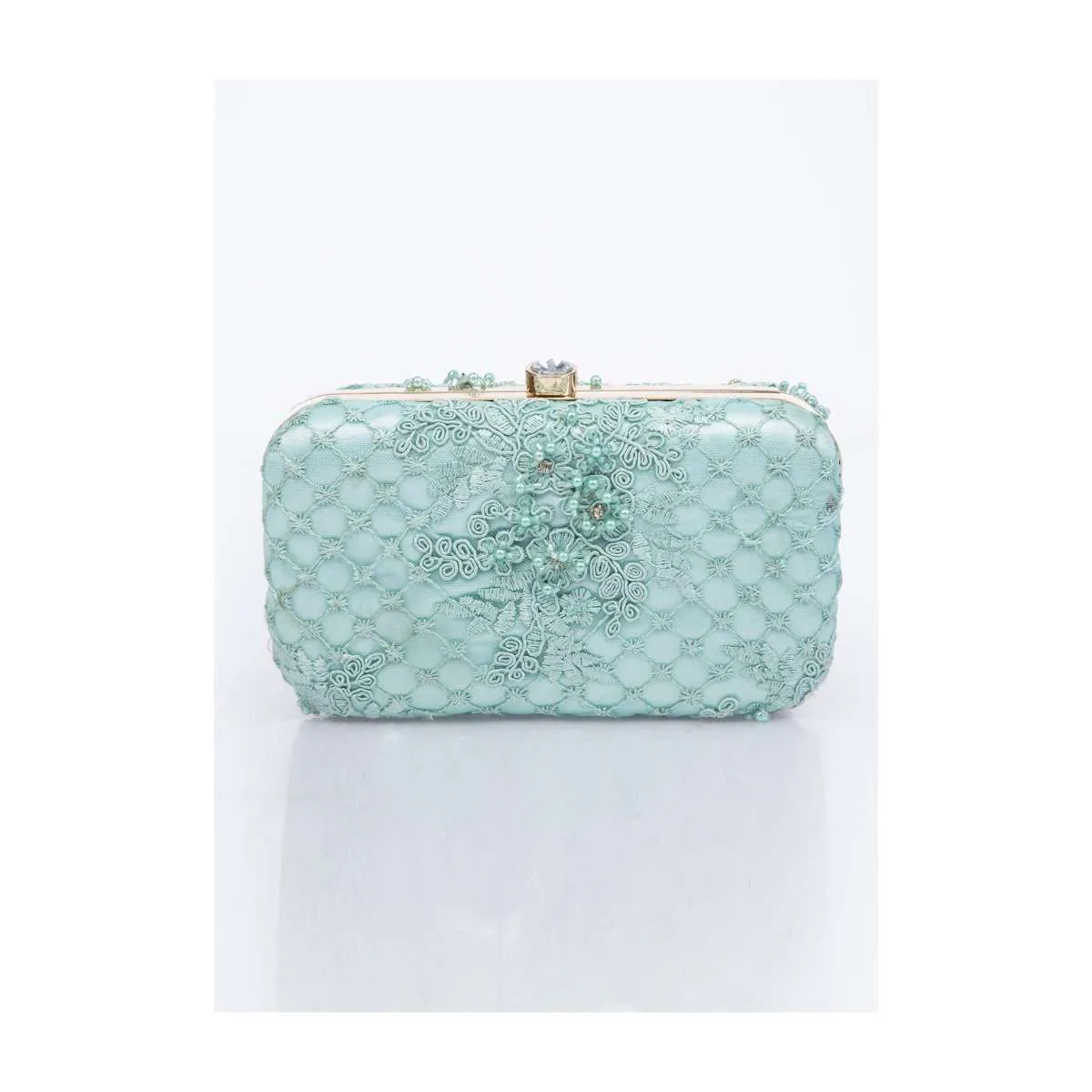 Mint green clutch with self cord, moti, cut dana and resham embroidery only on Kalki