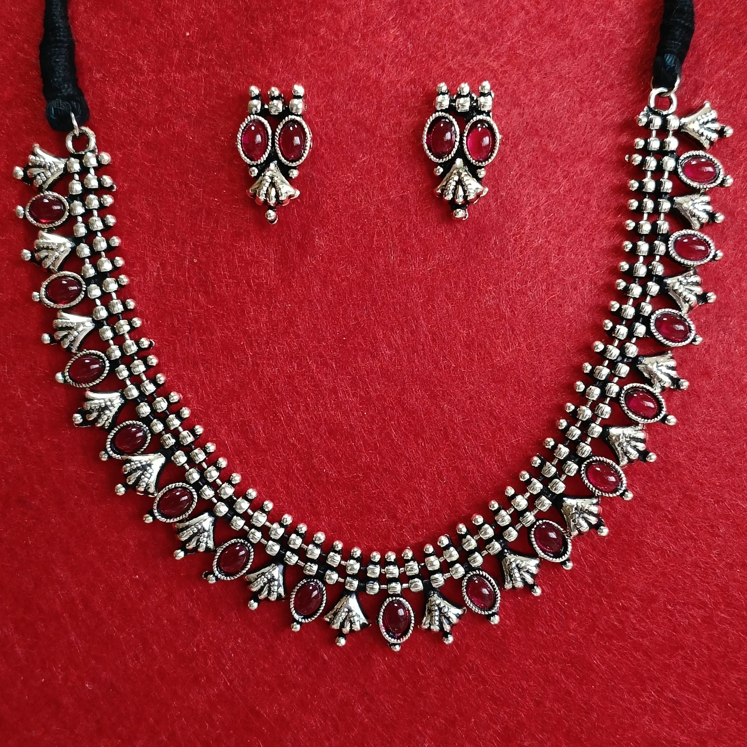 Silver Oxidised Plated Kundan Studded Delicate Choker Necklace Set- OXDNK 2324