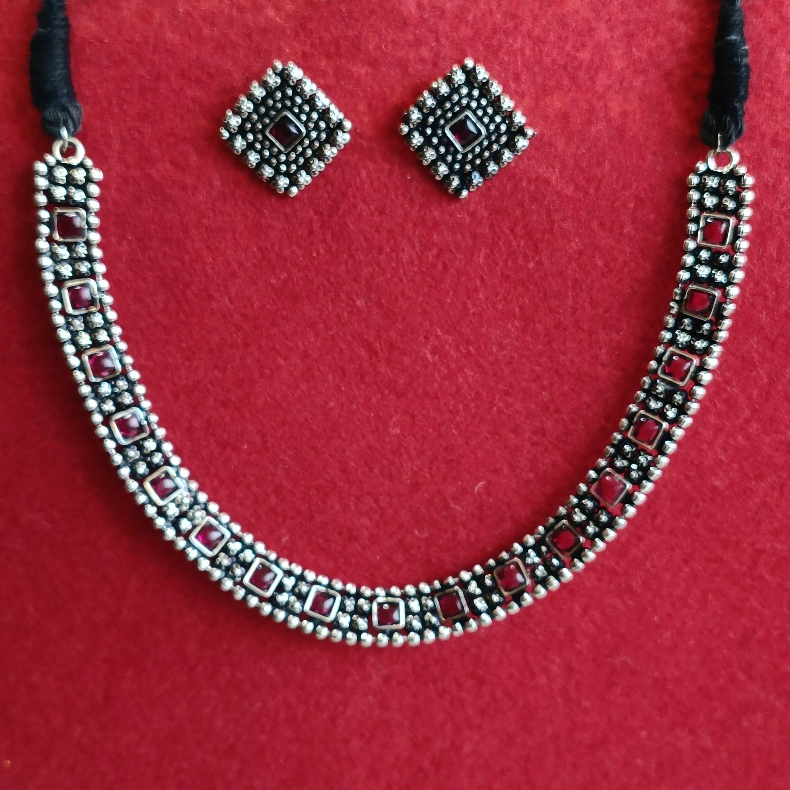 Silver Oxidised Plated Kundan Studded Delicate Choker Necklace Set- OXDNK 2348