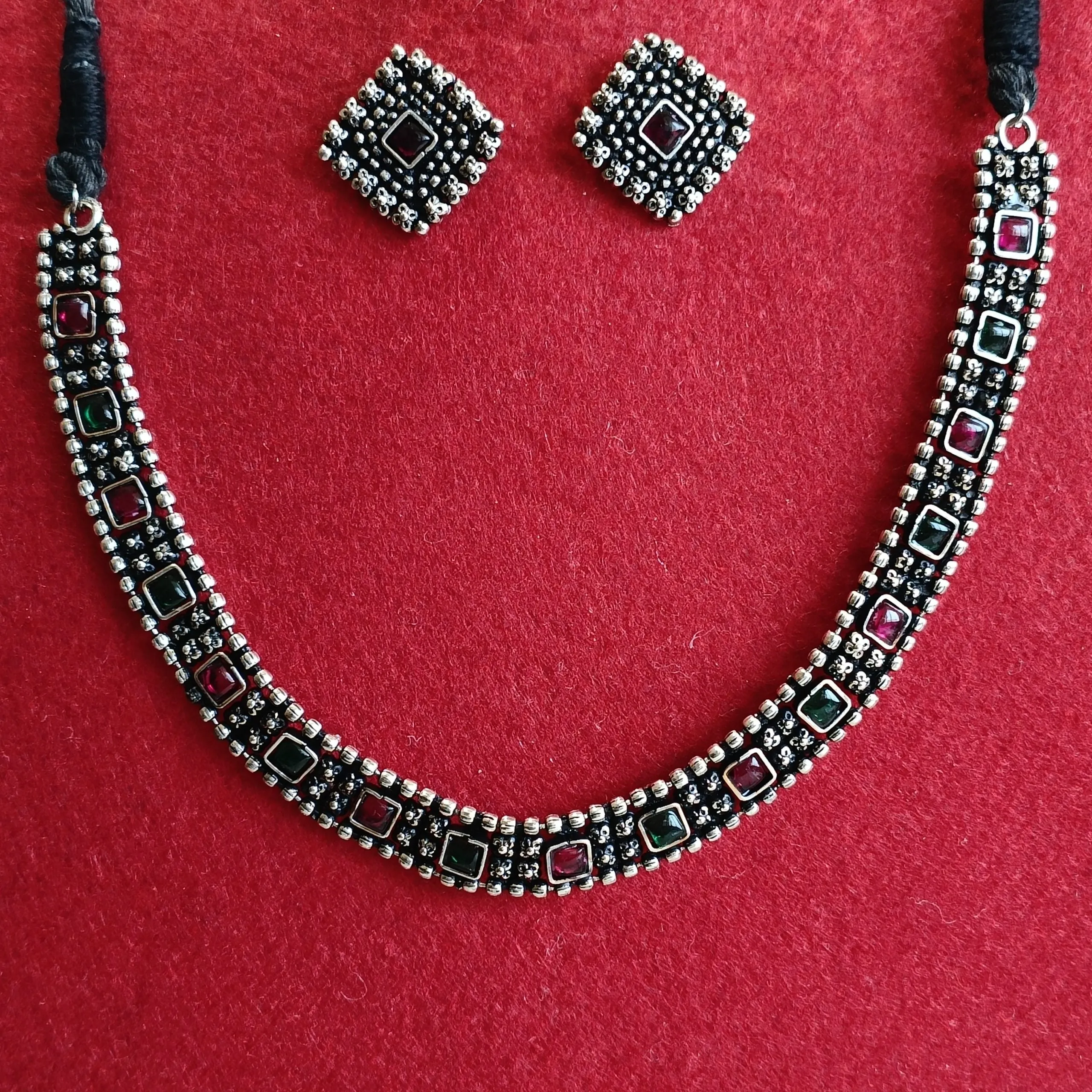 Silver Oxidised Plated Kundan Studded Delicate Choker Necklace Set- OXDNK 2348