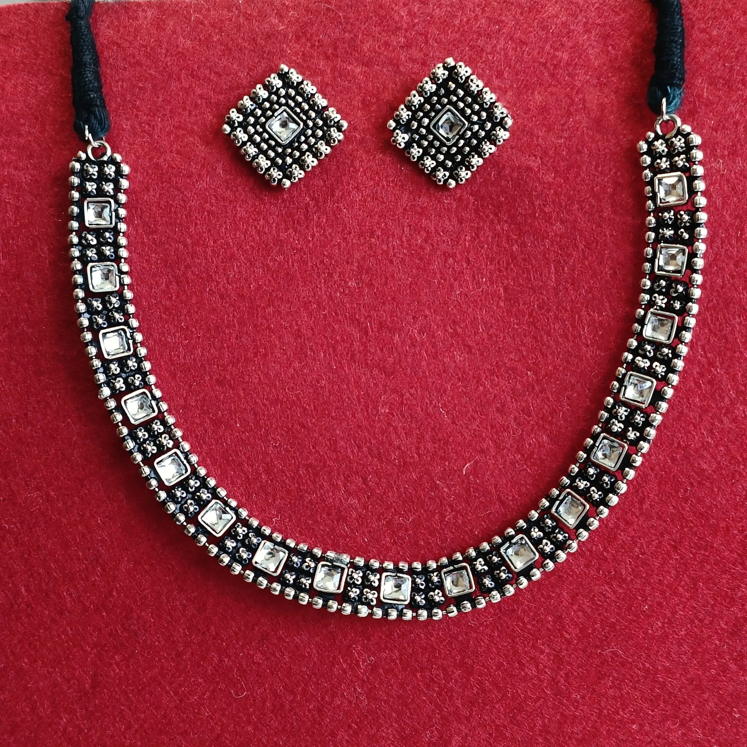 Silver Oxidised Plated Kundan Studded Delicate Choker Necklace Set- OXDNK 2348