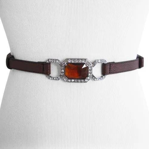 Thin Brown Faux Leather Belt with Rhinestone and Amber Stone Closure